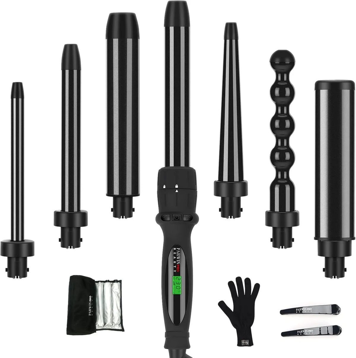 PARWIN PRO BEAUTY, Profesjonalne przybory fryzjerskie i narzędzia, Hair Buckle, Żelazko Buckle 7 W 1, Żelazko a Friser w ceramiki z 7 Wands