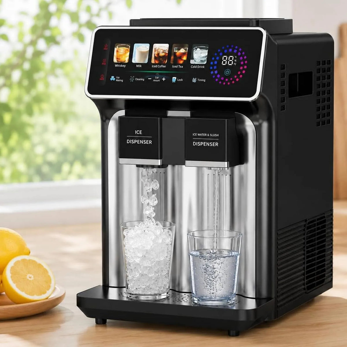 ZenSeFarin kostkarka do lodu, 3in-1 15 Kg / 24H, 5 programów, ekran LCD, profesjonalny, czarny, Bary i czarne biura, świeża woda w 5°C i Smoothies 3 w 1 15 Kg/24H