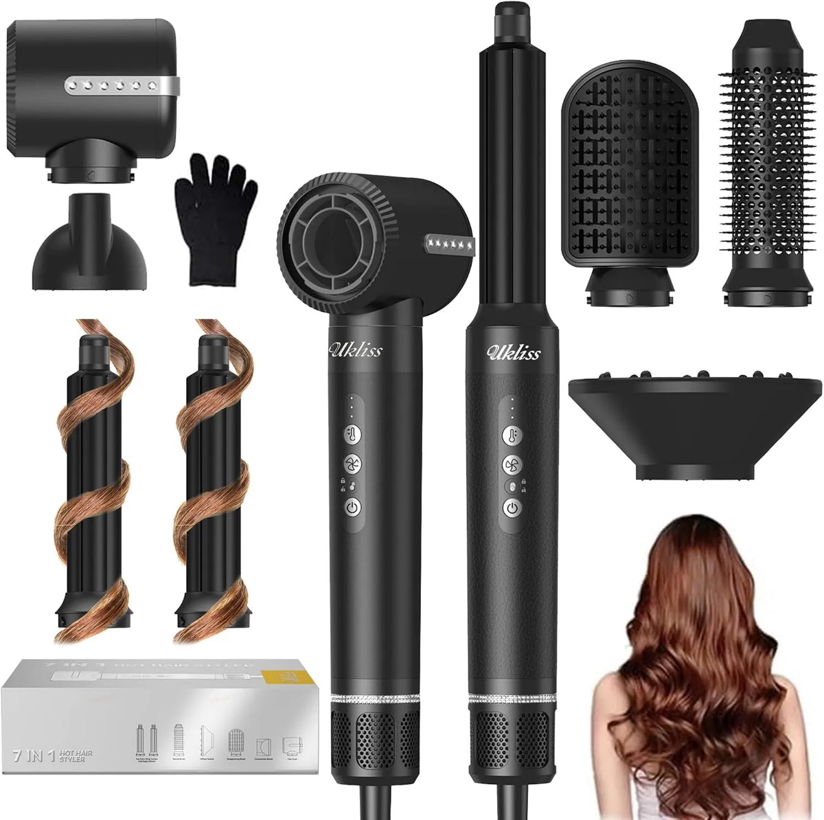 UKLISS, Prostownica do włosów, 1400 W, zestaw styler powietrza z 1400 w szczotki do płukania pędzla, Suszarka 7 w 1 Pro