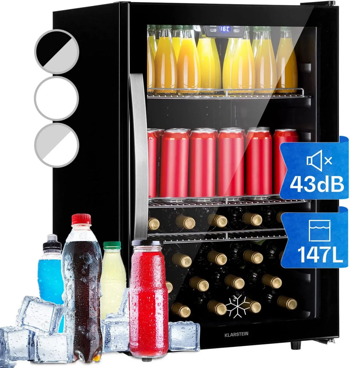 KLARSTEIN chłodziarka do napojów, Lodówka, 147 l, oświetlenie LED, szkło, tłumik, wyjmowany, czarny, lodówka z Fidded Door, do napojów i puszki