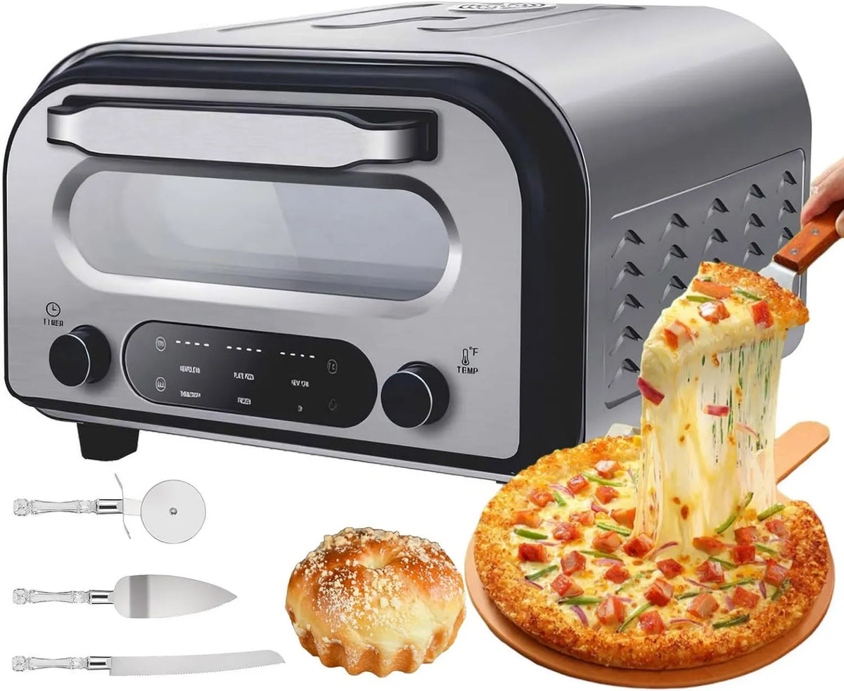 TYH piec do pizzy, Piec elektryczny do pizzy, 12 cali, 1700 W, 2 strefy temperaturowe, 6 Pizza preset, licznik 450°C