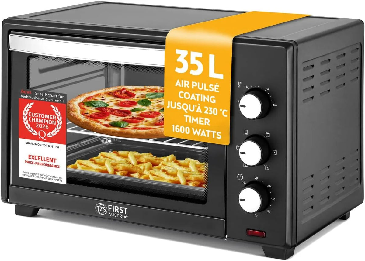 TZS First Austria mini piekarnik, Pizza piekarnik elektryczny, 35 l, 1600 W, zegar, grill, powłoka non@-@ stick, 3 wysokości wkładki, TZS Pierwsza Austria