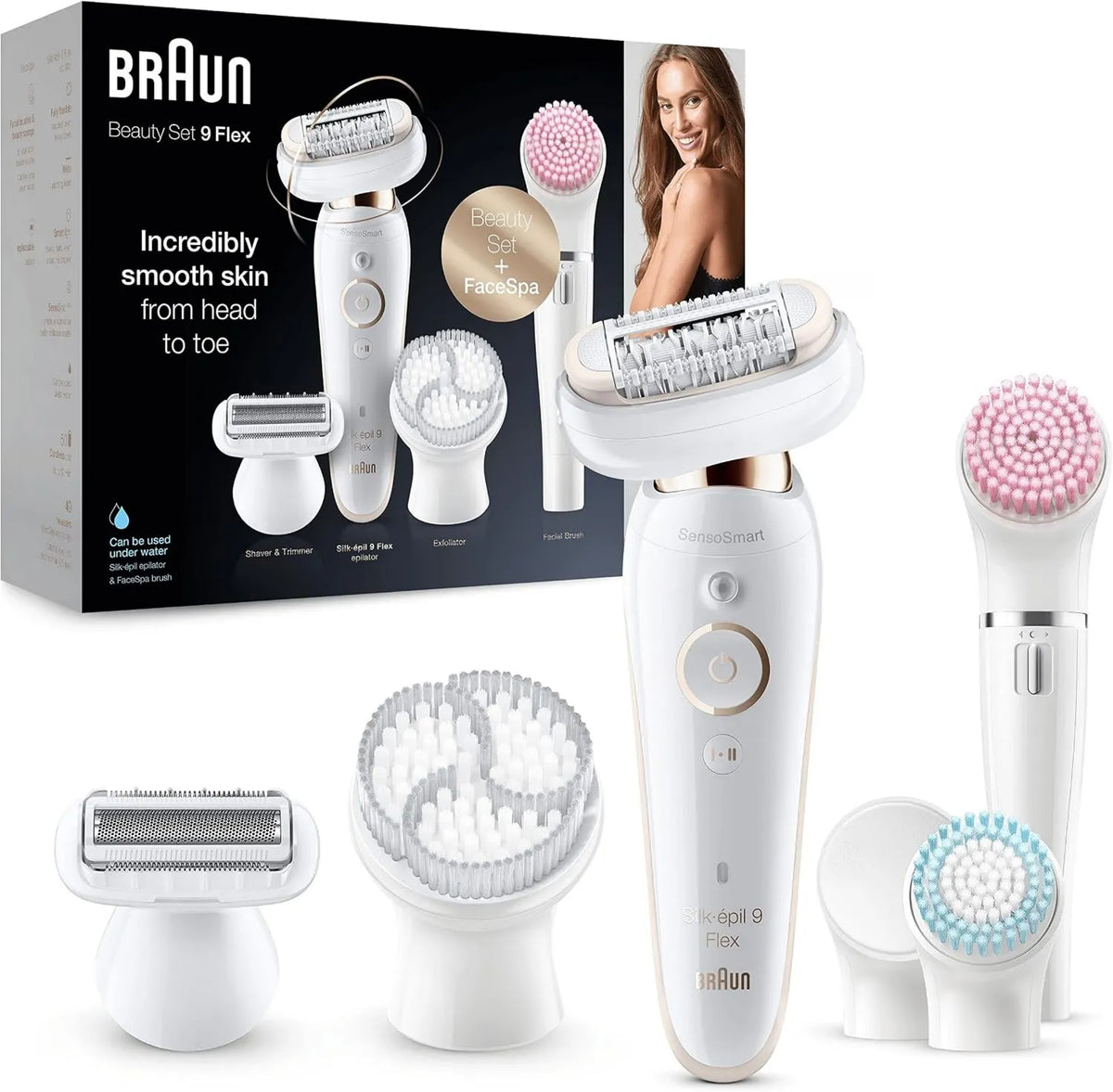 Braun, Soft Head, anty-slip Grip, Silk- épil 9 Box Beauty & Spa Epilator elektryczny Kobieta biały / Doré, 9- 100, Polerowane szczotki i gąbki