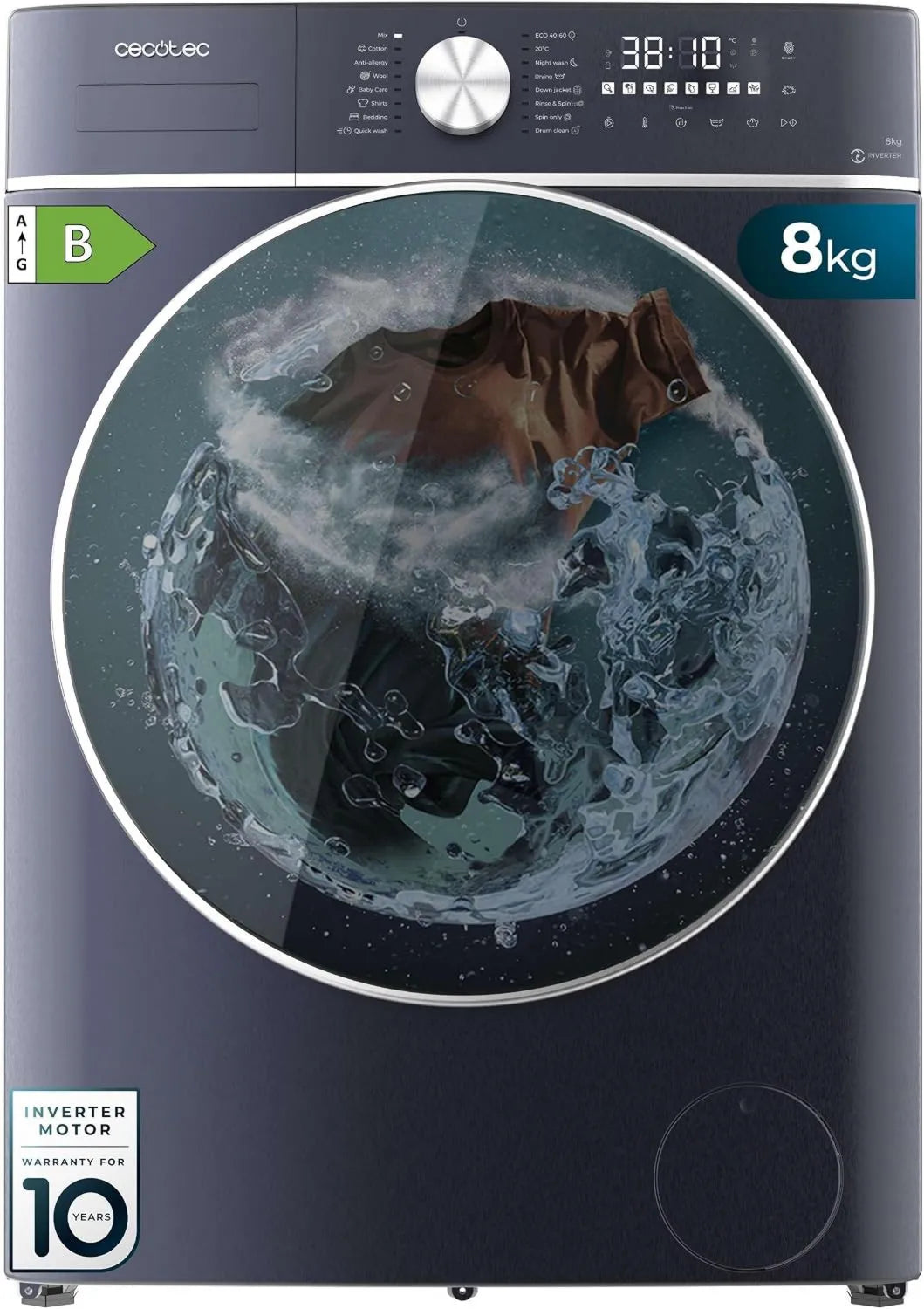 Cecotec pralko-suszarka, Bolero Wash 8- 5 Kg Suszarnia Pralka, 16 programów, 5 kg, Pralka, Suszarka, Inverter, Niebieski, OnSmart, SteamMax, Płynny Wash, SpaCare 8-5 Kg