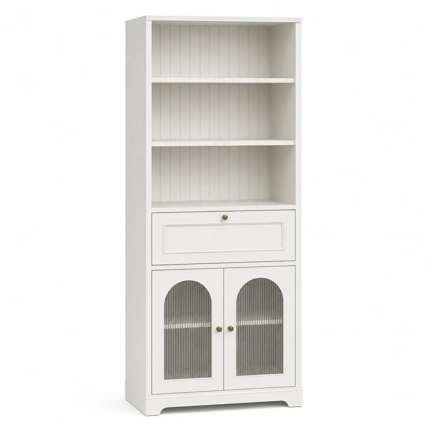 Regał z MDF biały 80x30x190 cm z drzwiami szklanymi i szufladą