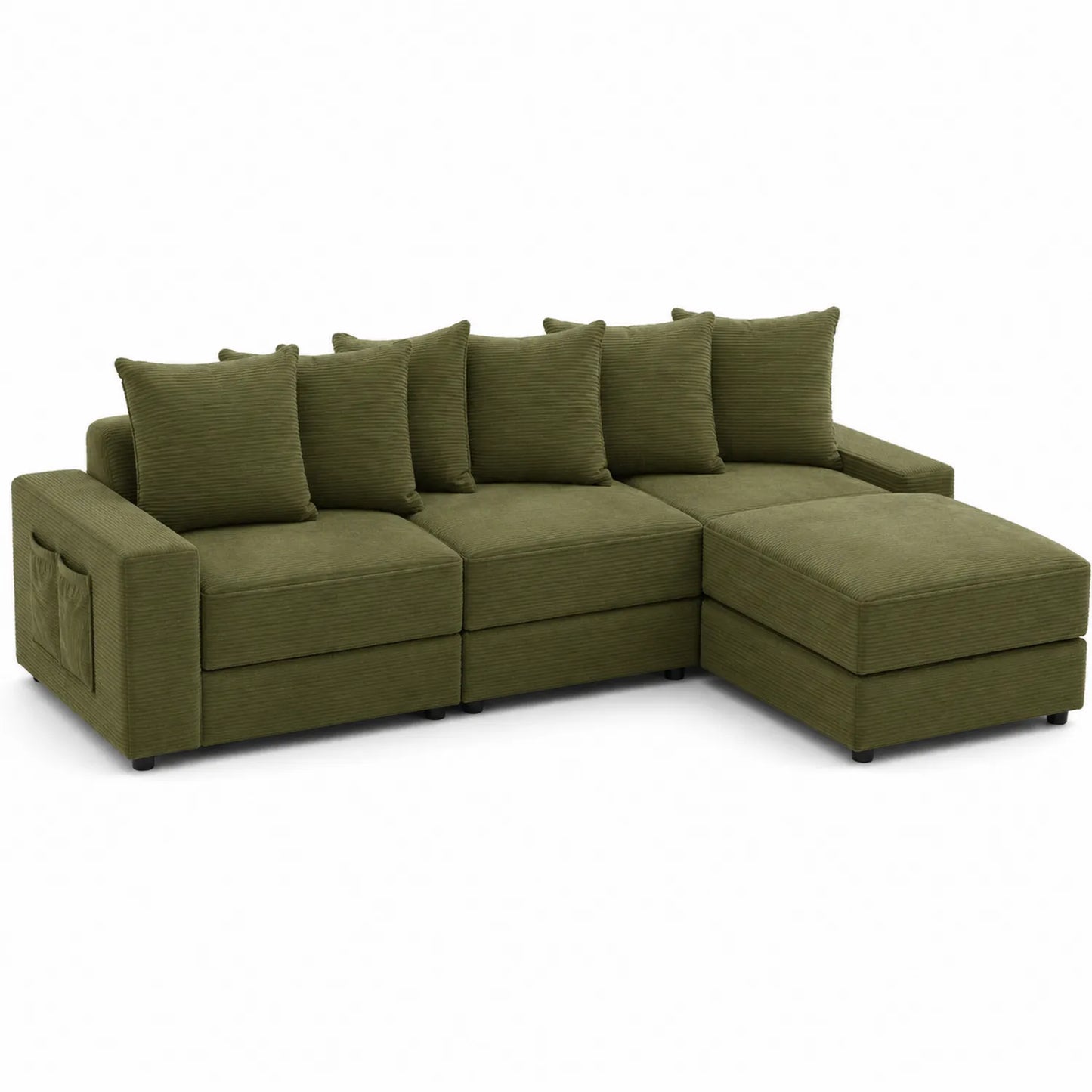 Modułowa sofa narożna sztruksowa oliwkowa z poduszkami 250x180x90 cm