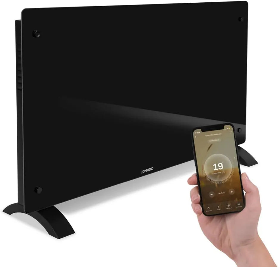 VONROC, Stoper, panel szklany z ekranem LED, konwektor elektryczny Smart 2500 W, termostat 5- 50°C, IP24, sterowanie WiFi za pośrednictwem aplikacji Tuya Smart Life, ścianka lub
