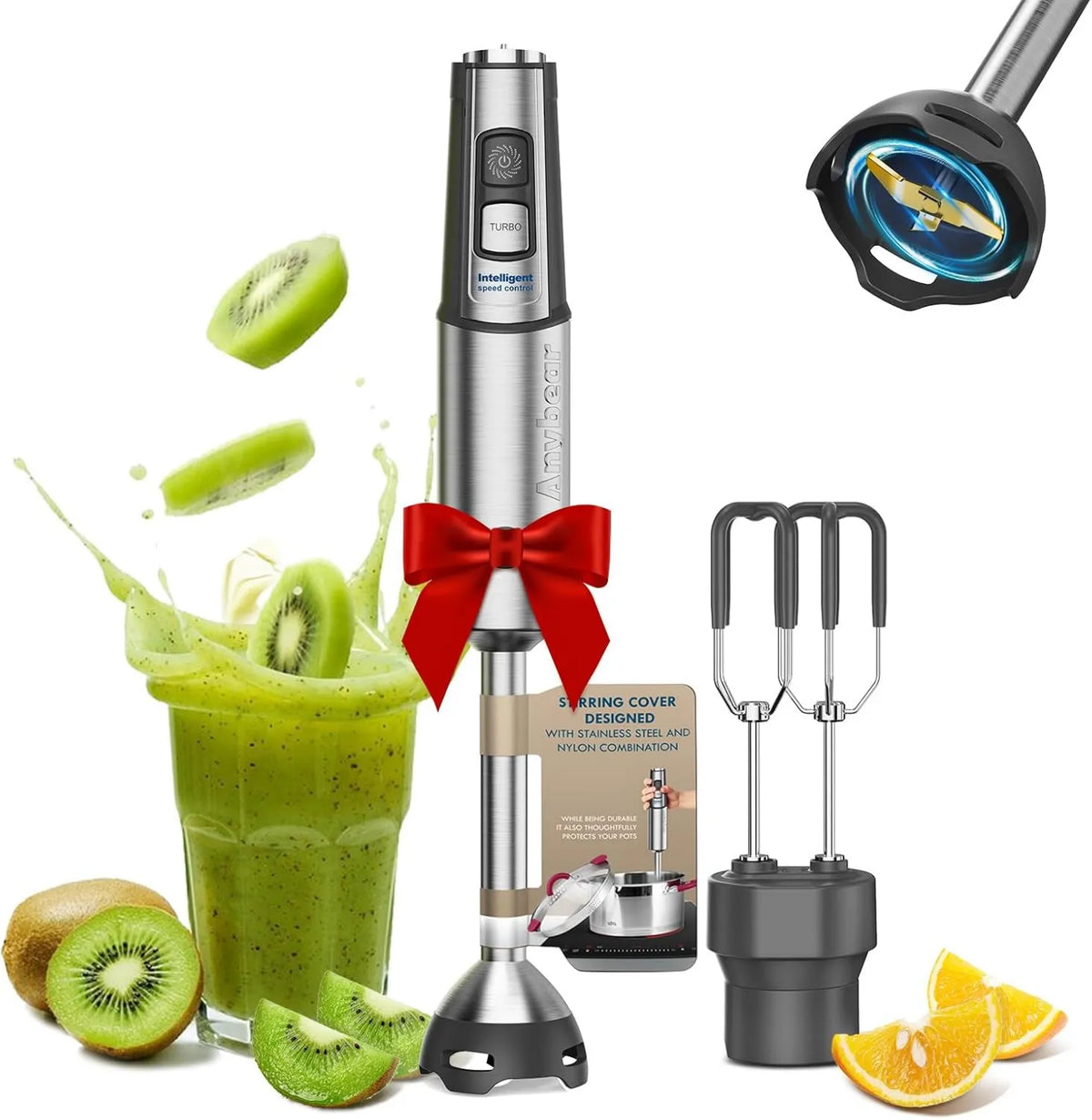 Anybear blender ręczny, Mikser W 2, 1100 W, stal nierdzewna, 15 prędkości i tryb turbo