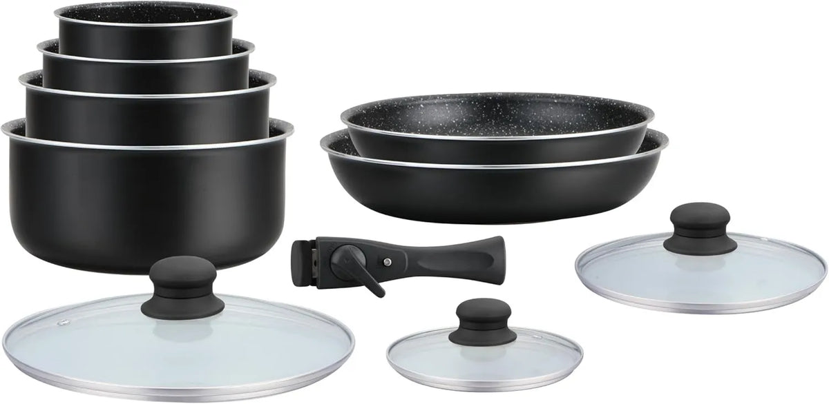 HAGEN, HA04630 Bateria, bateria z patelni i patelni, 10 sztuk, czarny, Kuchnia 10 sztuk Powłoka Pierre HA0
