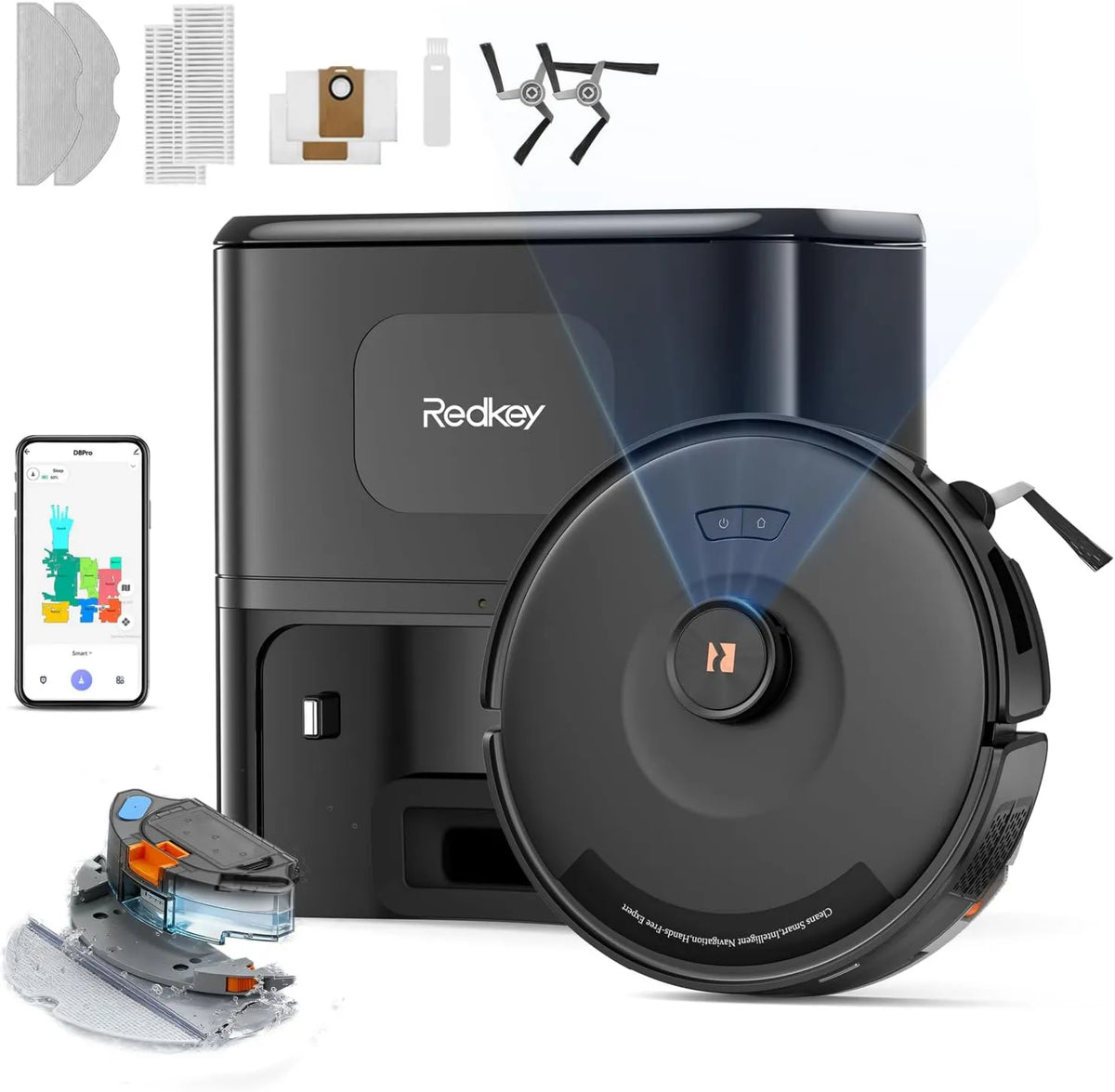Redkey robot sprzątający, 4 -in-1, 4 l odkurzacz robot, ze stacji, D8 Pro Robot Odkurzacz myjka 4-en-1