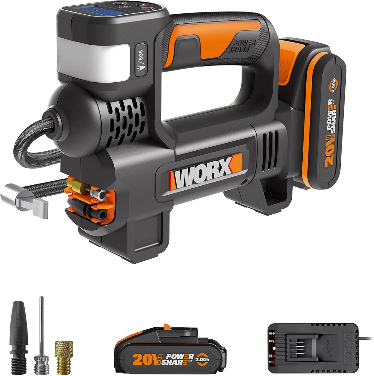 Worx WX092 LED 150 projektor, zasilanie akumulatorowe, Bezprzewodowa sprężarka powietrza i projektor PSI, pompowaniem opon samochodowych w 2min40s
