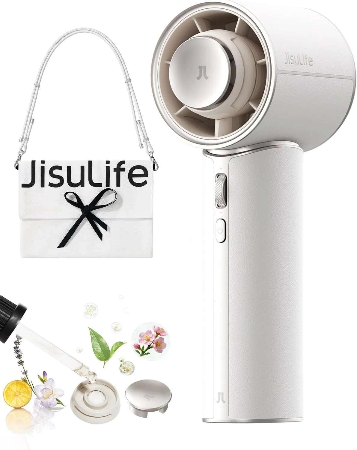 JISULIFE, Wentylator, przenośne, USB, biały, mini przenośny turboodrzutowiec w skóry PU, do 30 godzin chłodzenia