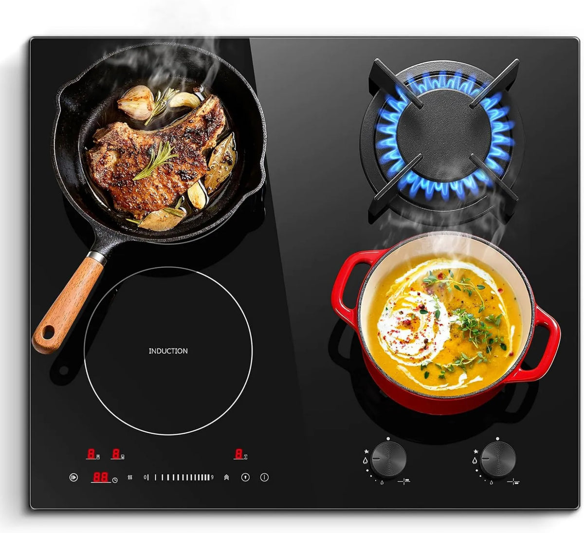 SNDOAS płyta grzewcza, Płyta indukcyjna, 59 cm, 7500 / 4100, 3400 W, stół indukcyjny do gotowania, Boost, blokowanie, czarny, Płyta gazowa 3400 W z palnikiem Wok, Tabela