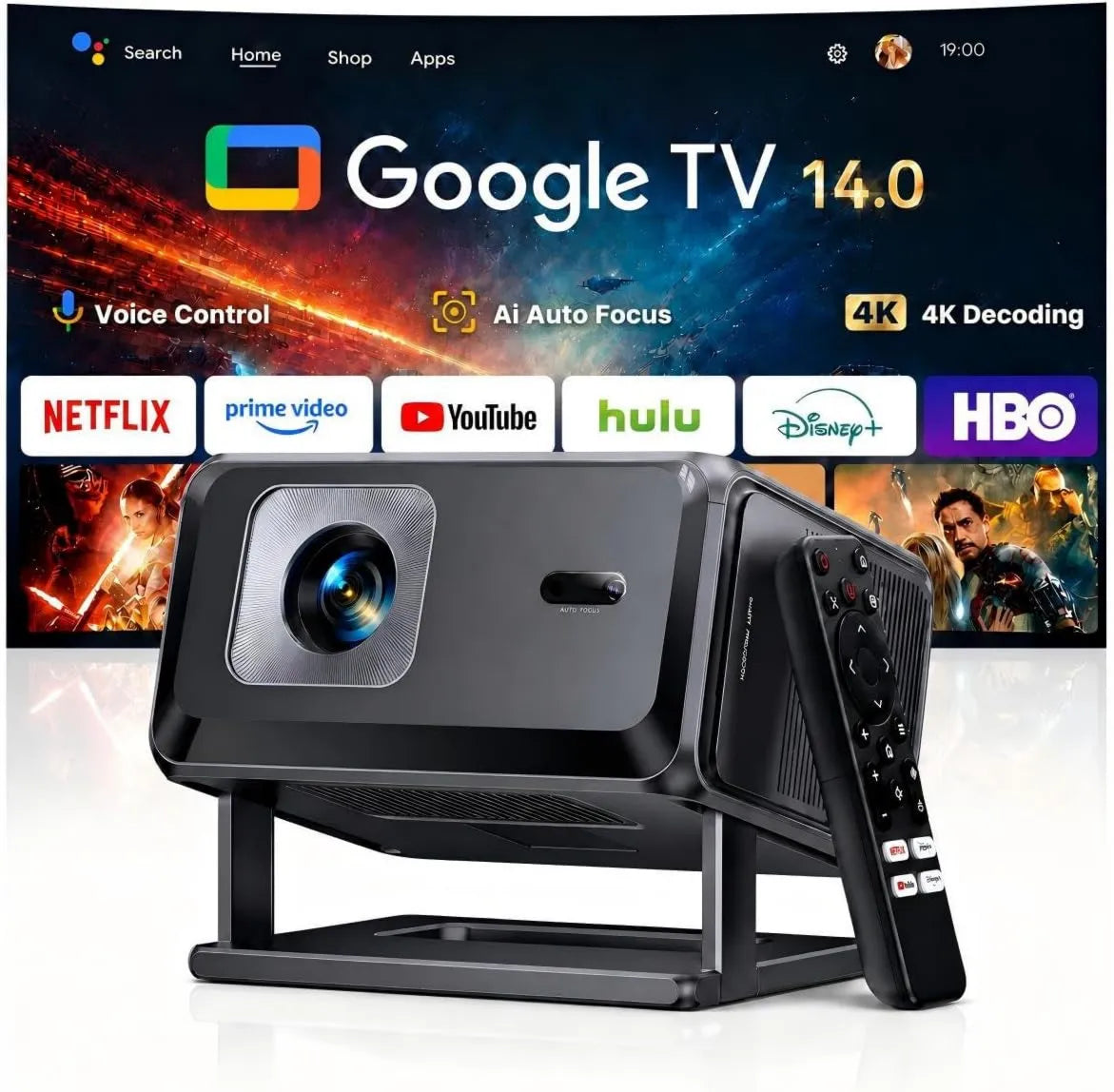 TOPTRO projektor, Google 1080P Smart TV, TV, 4K UHD, Mini FHD 1080P przenośny, Full HD, Kontrola wokalna, 4K wideo, Google TV