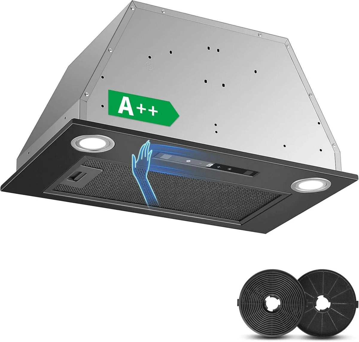 KICHPOWER okap kuchenny, 52 cm, 400m3 / h, ewakuacja i recykling, oświetlenie LED, 3 prędkości, do zabudowy, Boost, dotyk, czarny, 400m3 m3/h