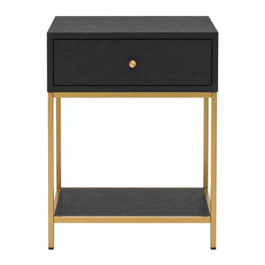 Stolik nocny MDF i metal czarny i złoty 45x35x55 cm
