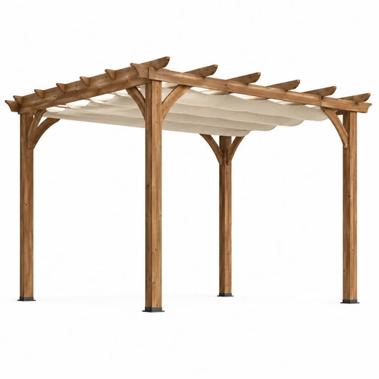 Drewniana pergola ogrodowa z beżowym daszkiem 3x3 m
