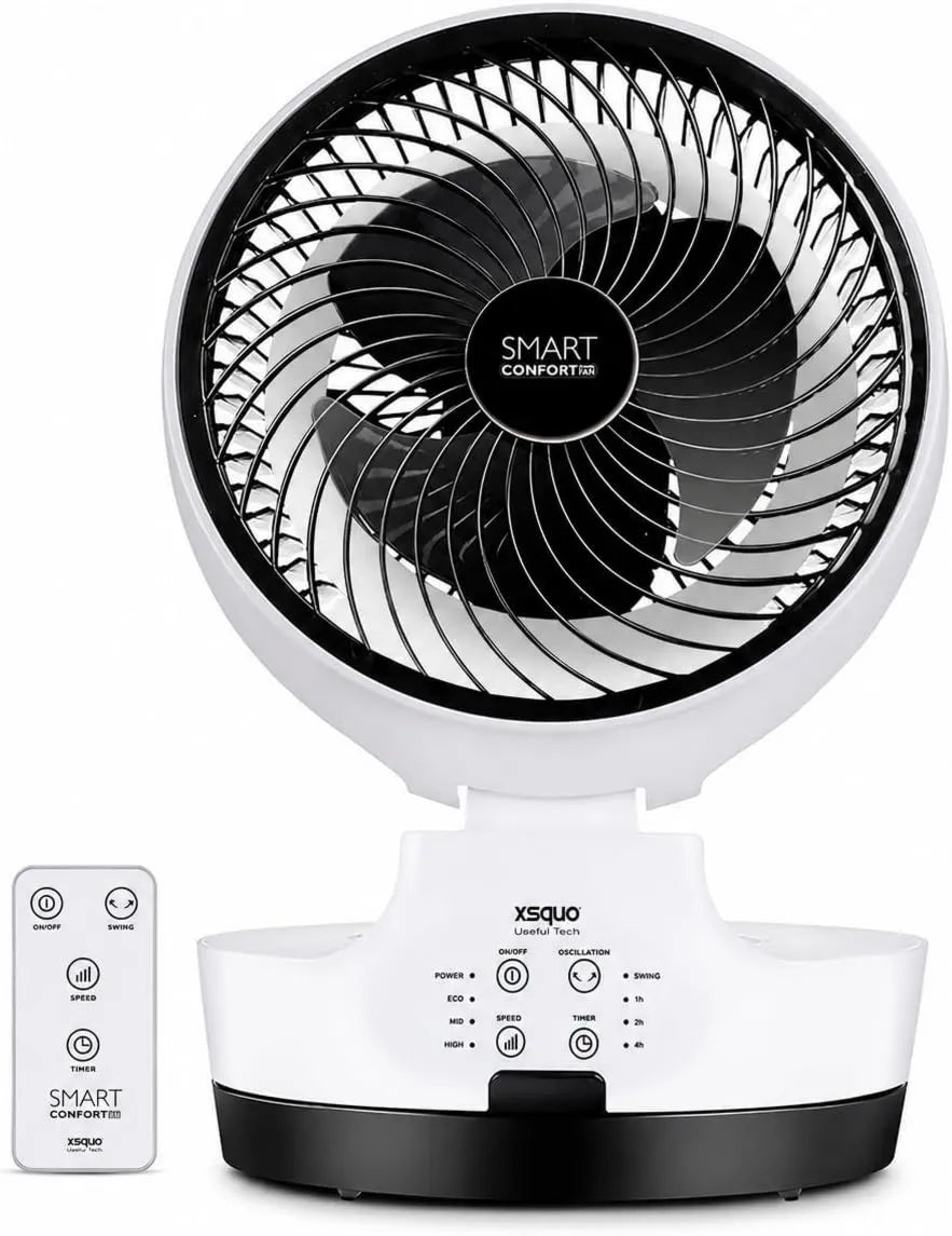 XSQUO Useful Tech, Wentylator, przenośny, licznik, 3 prędkości, oscylacja, tłumik, Inteligentna moc Comfort