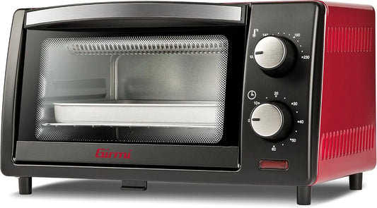 Girmi mini piekarnik, Piec elektryczny, 10 l, 800 W, FE10, licznik, termostat, stal nierdzewna, czarny, zegar 60 min, 10 litrów, akcesoria, czerwony