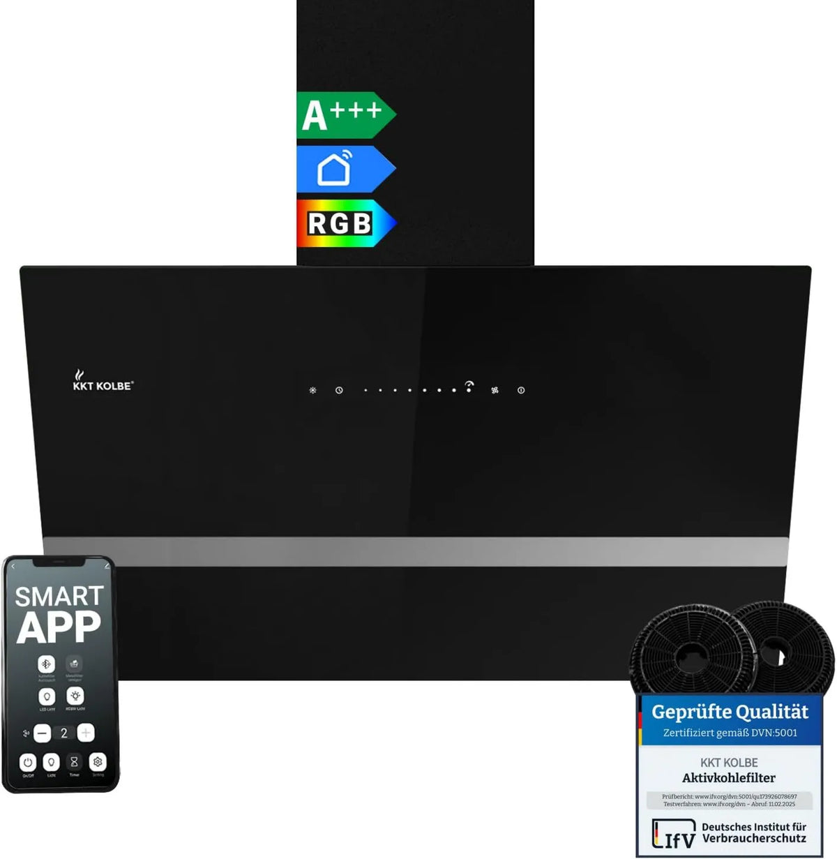 KKT KOLBE okap kuchenny, Osłona ssąca, 80 cm, 782 m3 / h, EASY8005SM, oświetlenie LED, Wi-Fi, aplikacja, czarny, 782 m3 / h Odciek i obieg