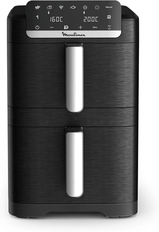 Moulinex frytkownica beztłuszczowa, suszarka na gorące powietrze, 10 l, 7 programów automatycznych, czarny, Oil- free frytkownica podwójna szuflada pionowa 8 osób