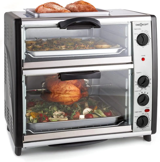 Oneconcept mini piekarnik, Piec elektryczny, 42 l, 2400 W, 60- 240°C, grill, 2 strefy temperaturowe, stal nierdzewna, srebro, 42 litry, jeden Concept All- You-Can- Jeść podwójny piekarnik