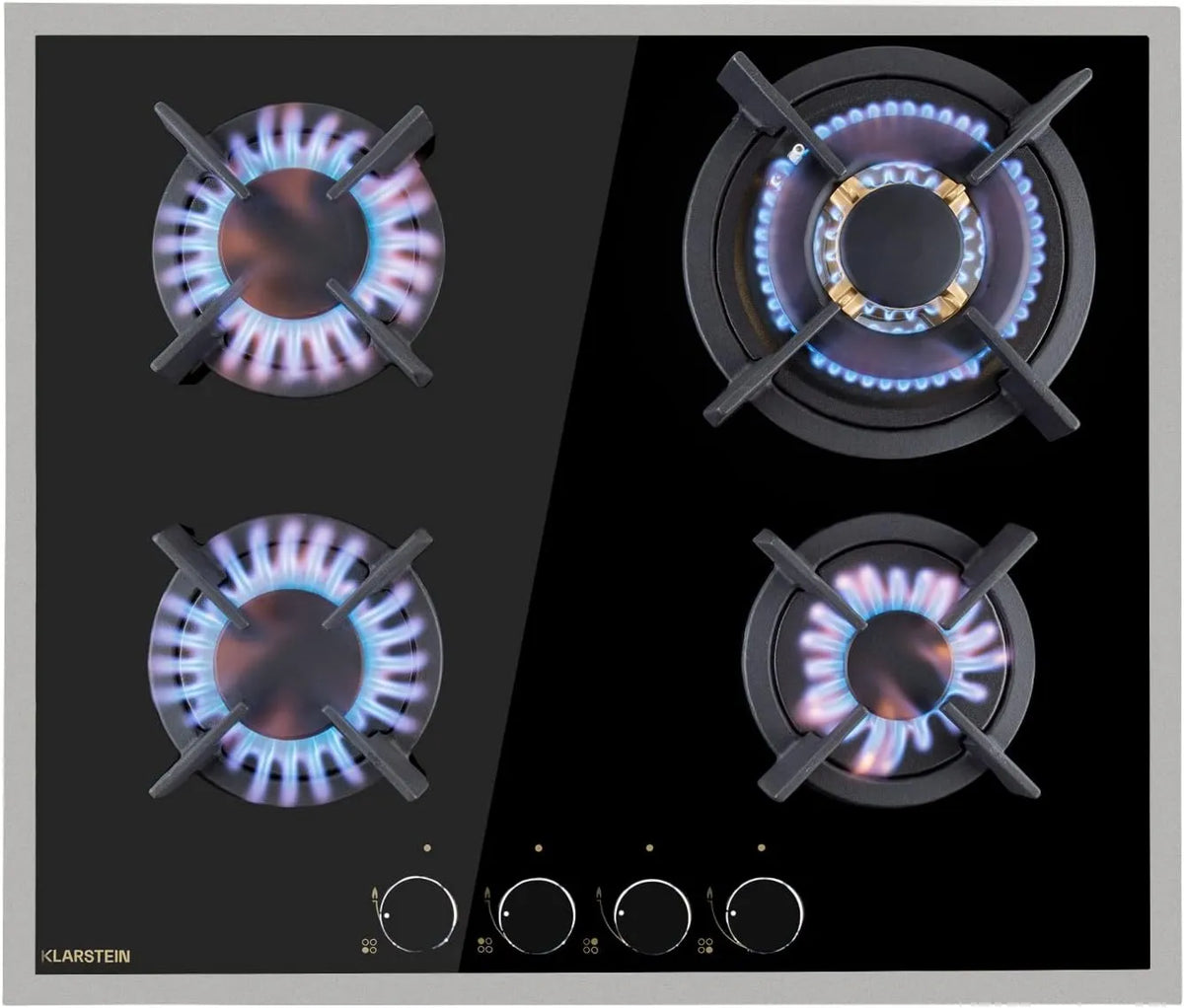 Klarstein płyta gazowa, 3,4 kW, 1,8 kW, Goldflame gazowa płyta kuchenna, palniki mosiężne, gaz ziemny/gaz propan, ceramika szklana, krzyżaki żeliwne