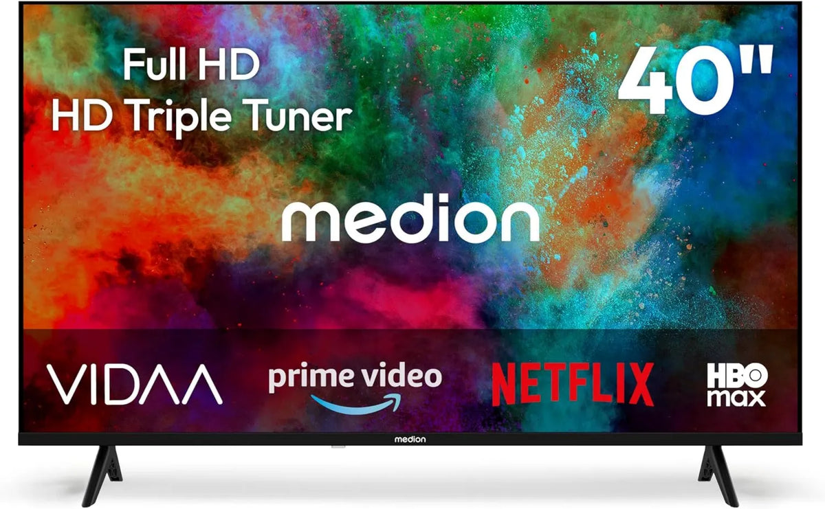 MEDION, Inteligentny telewizor, 40 cali, TV, HDR, potrójny tuner DVB- T2, S2, Full HD, nagrywarka PVR, MD 840102, Sklep VIDAA, DAZN, 3 cm, Wideo pierwsze, Disney + DVB-T2