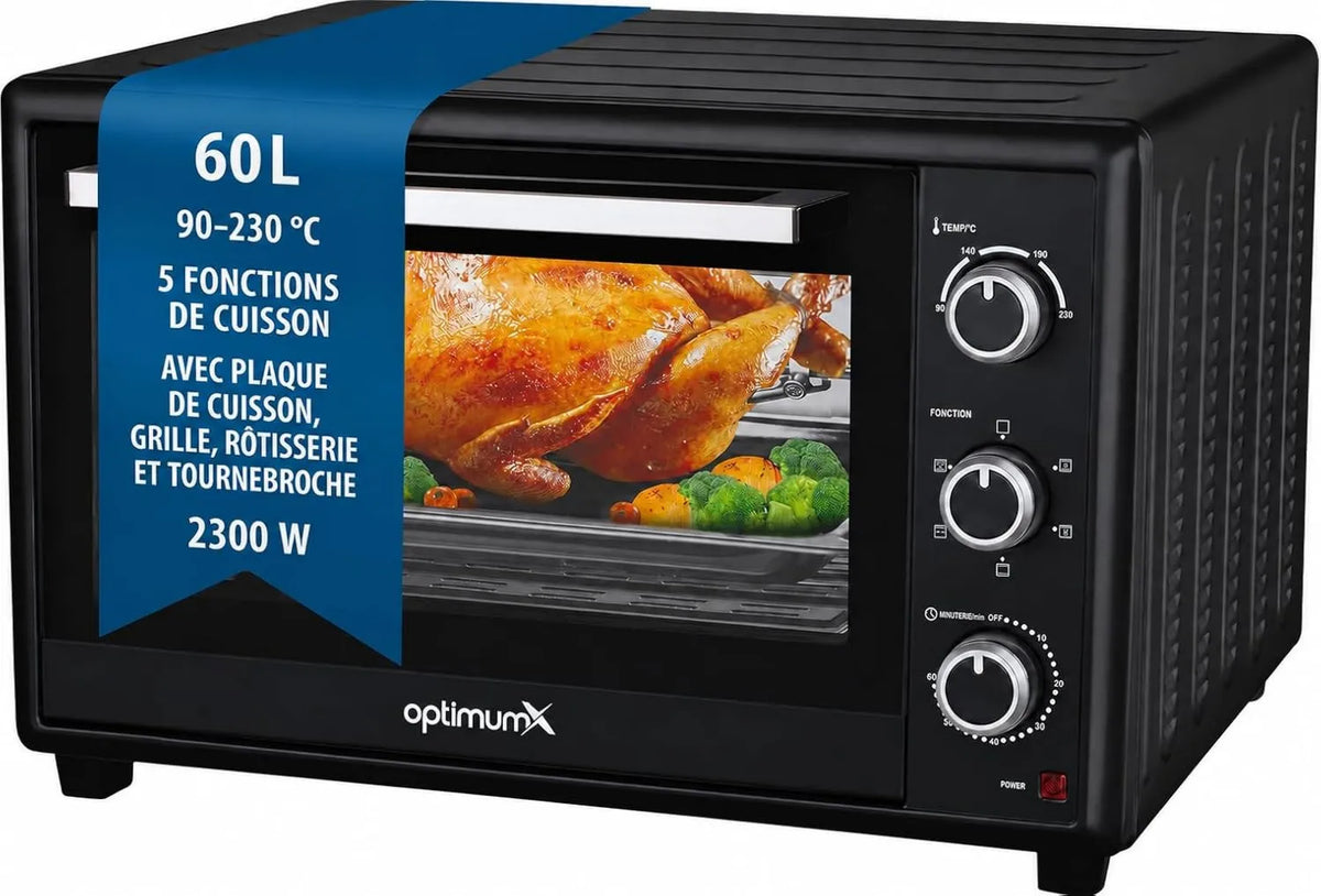 OptimumX Haushaltsgeräte mini piekarnik, Piec elektryczny, 60 l, 2200 W, 40 do 230°C, czarny, Turner, Światło wewnętrzne