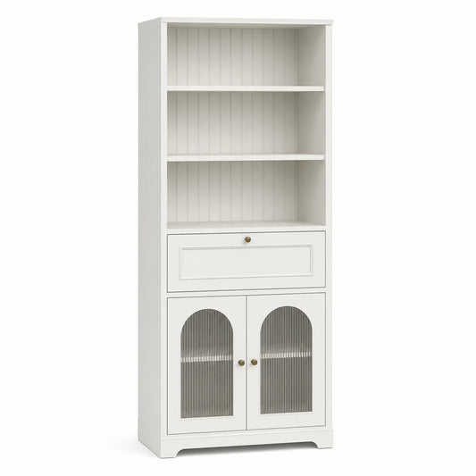 Regał z MDF biały 80x30x190 cm z drzwiami szklanymi i szufladą
