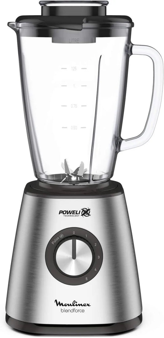 Moulinex LM439D blender, 800 W, 1,25 l, Blendforce Cristal blender szklany 800 W, z funkcją rozdrabniania lodu, łatwe czyszczenie
