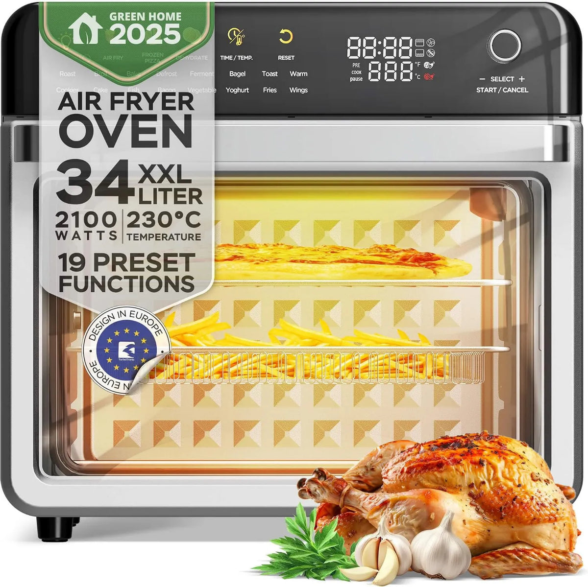 TurboTronic By Z-LINE, Piec elektryczny, 34 l, 2100 W, 40 do 230°C, grill, kompaktowy, 19 w 1, do 0, 5 kg frytek, mini piekarnik z funkcją odwodnienia 40- 230°C