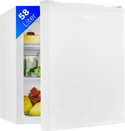 Bomann lodówka, 58 l, termostat, cichy, biały, Odwracalne, Regulowane stopy, Clayette szklane, oświetlenie wnętrza, idealne biuro studia