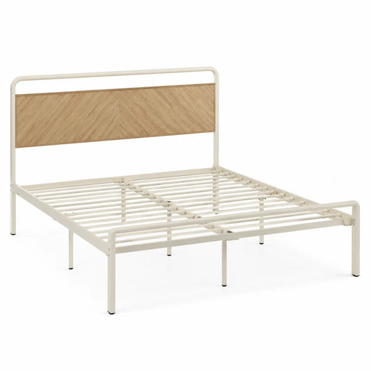 Łóżko metalowe beżowe z wezgłowiem MDF 160x200 cm