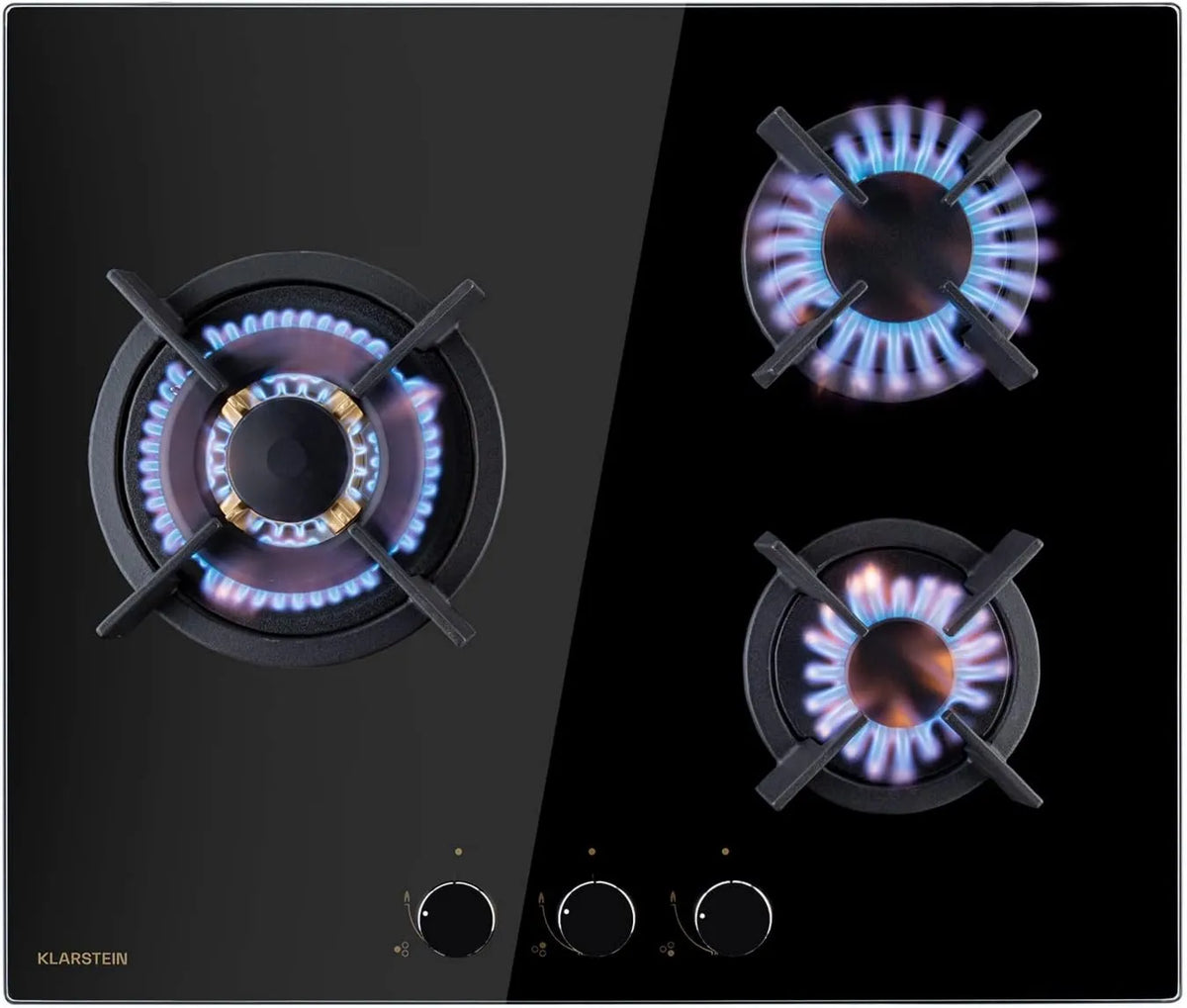 Klarstein płyta gazowa, 6,2 kW, 3,4 kW, 1,8 kW, Goldflame gazowa płyta kuchenna, palniki mosiężne, gaz ziemny/gaz propan, ceramika szklana