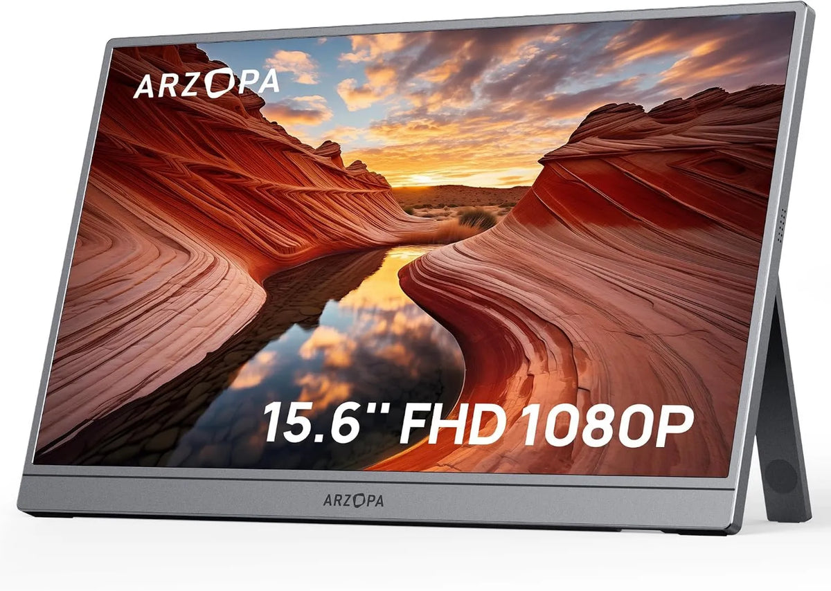 ARZOPA monitor komputerowy, PS4, 15, 6 cali, 1920 × 1080, przenośne, HDR, Full HD, IPS płyta, USB, ekran PC, szary, HDR10, głośniki, kompatybilne z komputerem