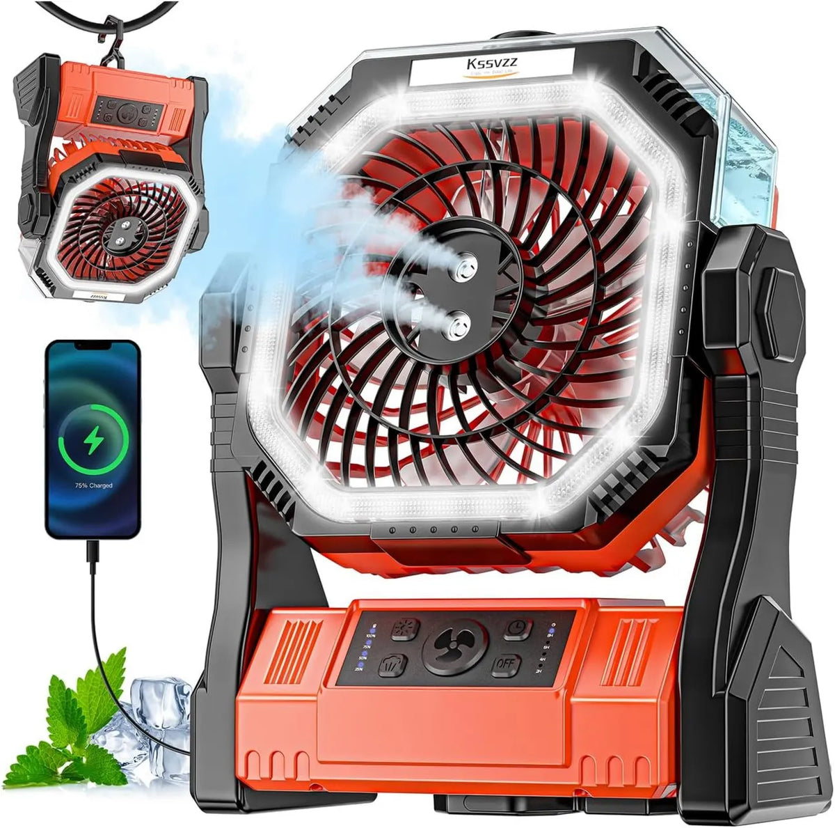 Kssvzz, Wentylator 20000 mAh, przenośny, licznik czasu, USB, kemping, LED i Crochet, 270 ° Obrót, Grill