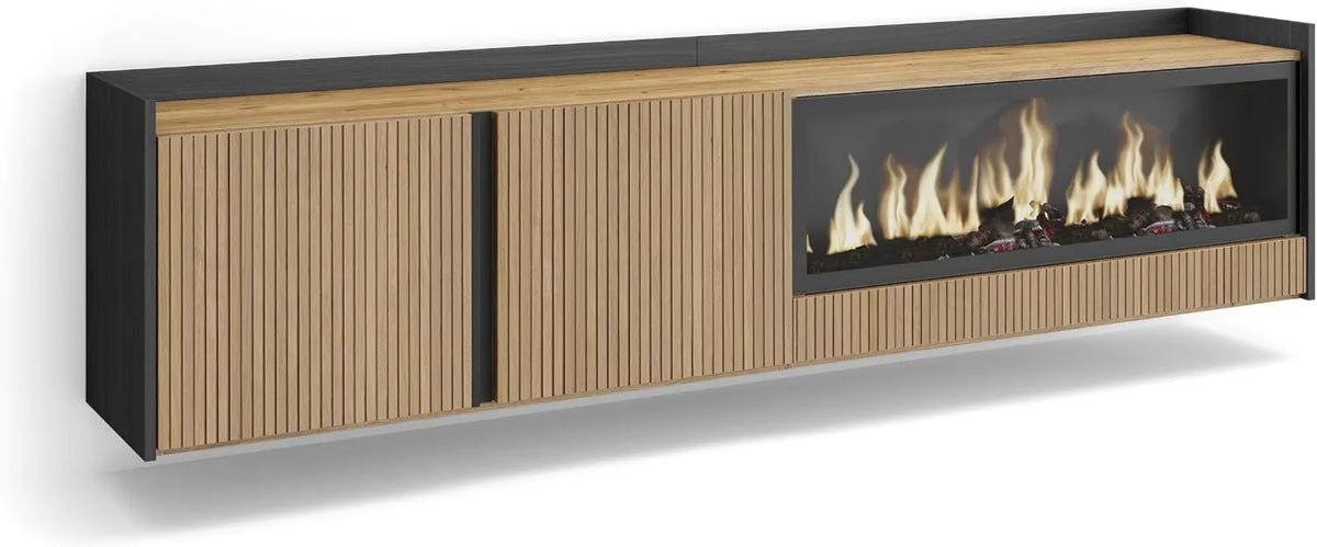 Skraut Home, Szafka TV, 80 cali, 212x50x35 cm, czarny, XXL elektryczny kominek