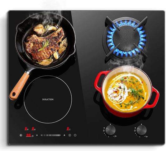 SNDOAS płyta grzewcza, Płyta indukcyjna, 59 cm, 7500 / 4100, 3400 W, stół indukcyjny do gotowania, Boost, blokowanie, czarny, Płyta gazowa 3400 W z palnikiem Wok, Tabela