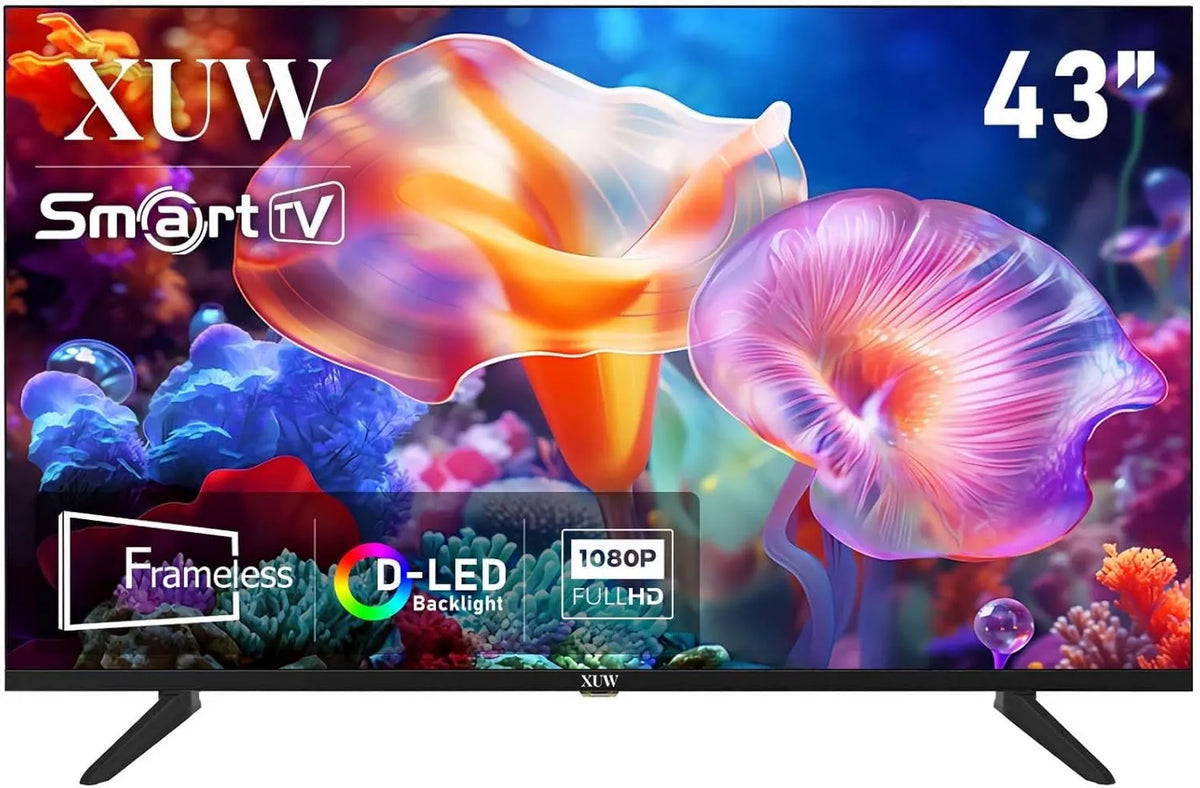 XUW telewizor, Inteligentna telewizja RJ45, 43 cali, TV, HDMI, USB, dekoracja w salonie, DVB- T2, Full HD, czarny, D- LED podświetlenie, design bez granic, duży ekran DVB-T2