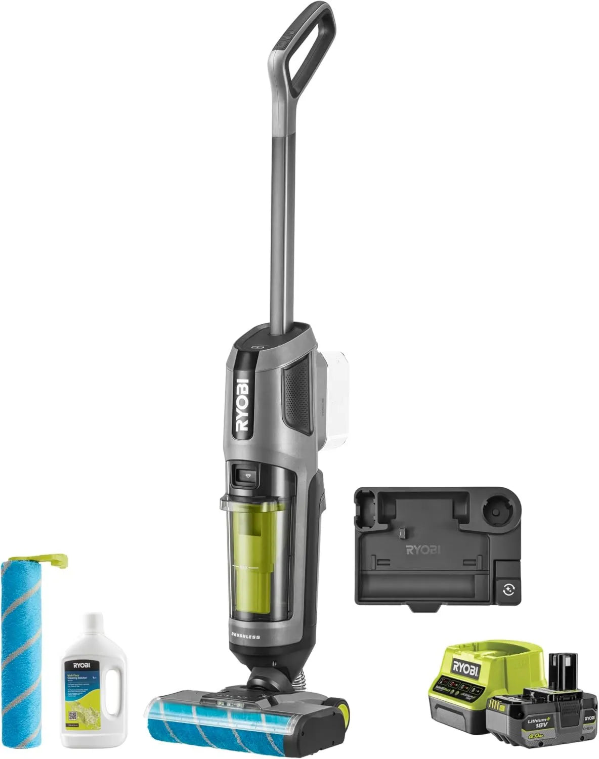 RYOBI odkurzacz pionowy, Odkurzacz, 18 V, 3- in-1 RHFC18BL- 1X40GL, Zestaw z akumulatorem 4.0 Ah i ładowarka 3 w 1 RHFC18BL-1X40GL