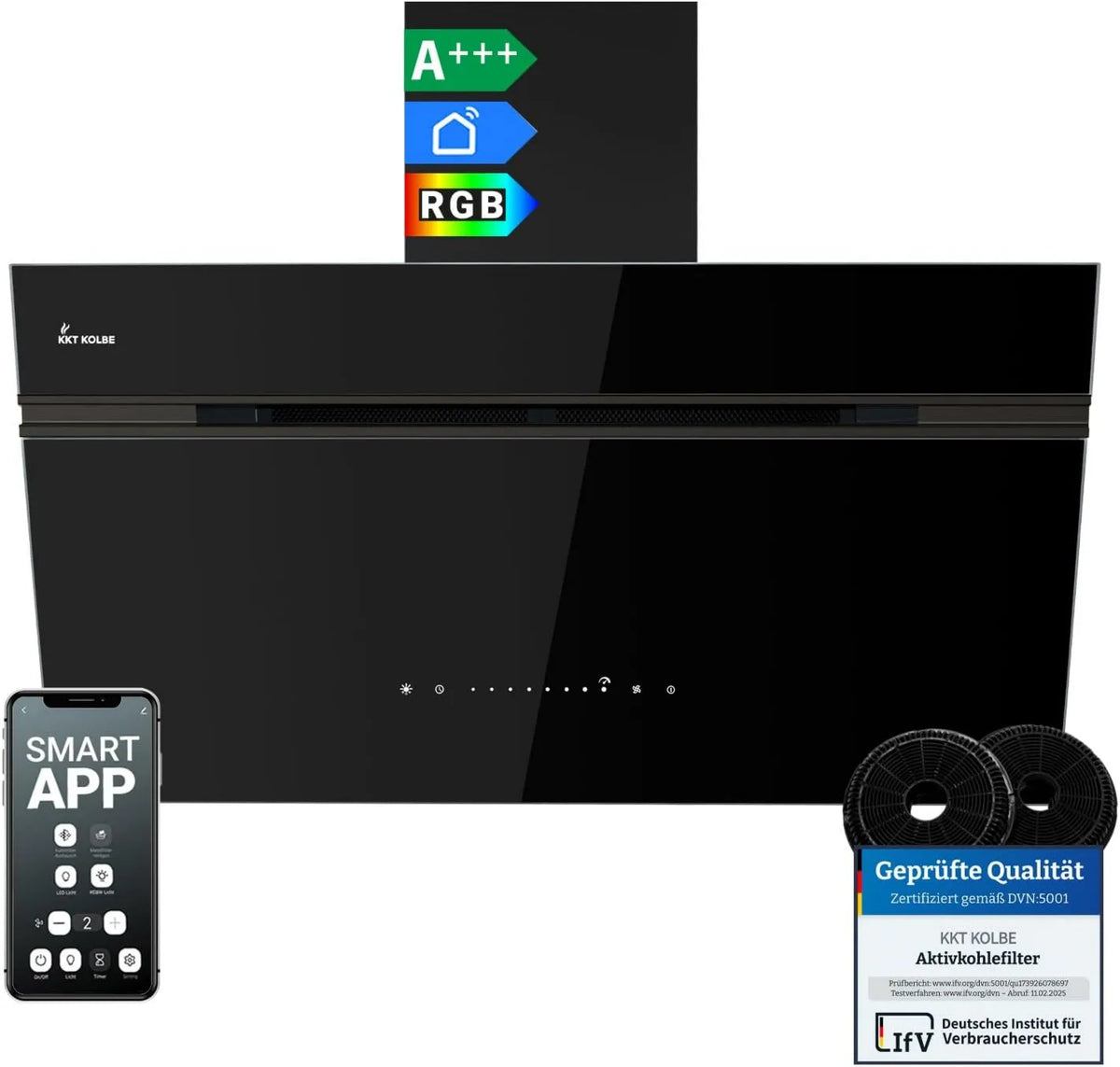 KKT KOLBE okap kuchenny, 90 cm, 782 m3 / h, KKT AURORA9005FB, montaż ścienny, dotyk, Wi-Fi, aplikacja, czarny, SensorTouch, m3/h