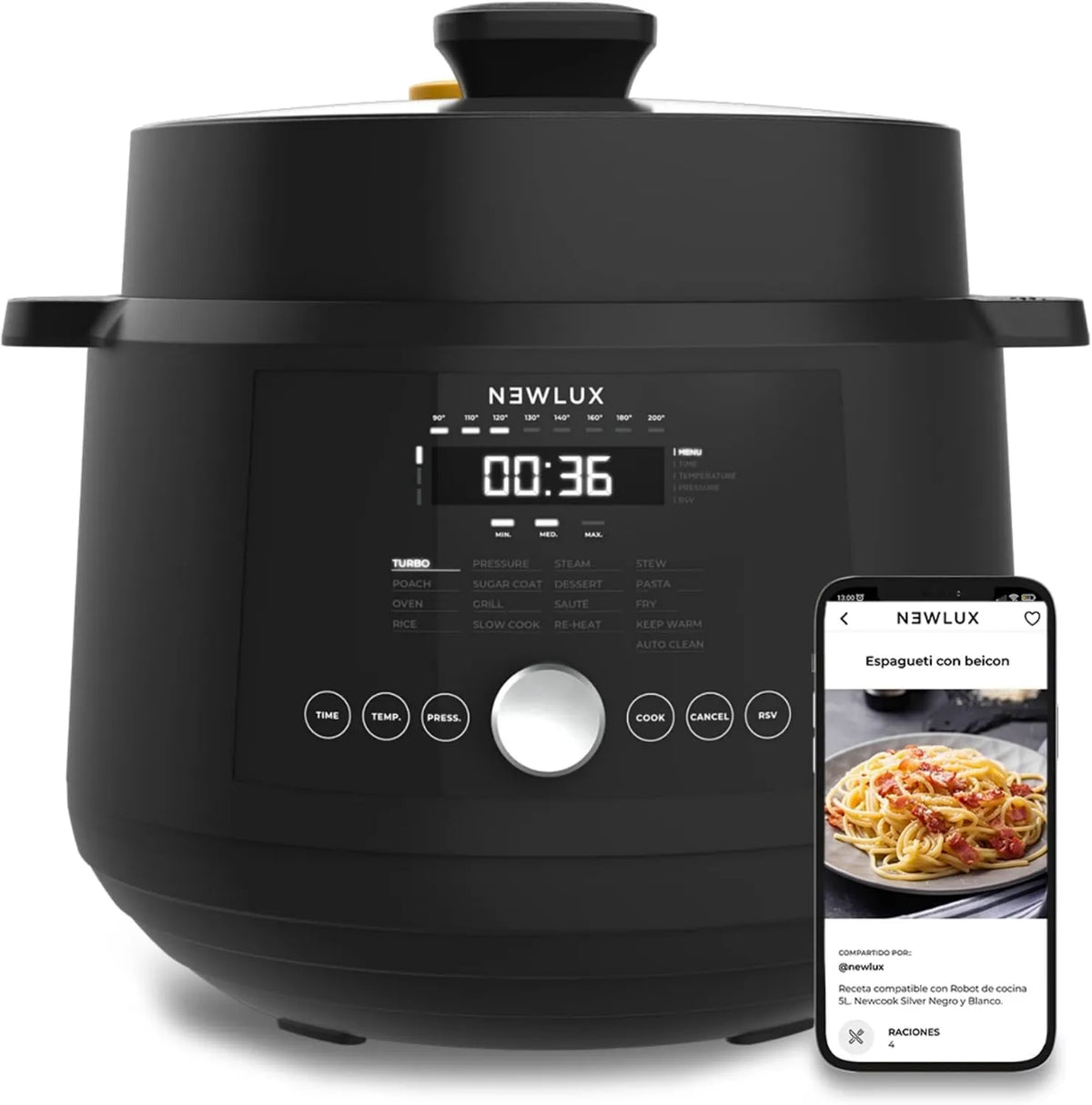 Newlux, V600 24h kuchenka, Robot, 6 l, 1200 W, 17 programów, 90 kpa, para, Kuchnia z 4 poziomów ciśnienia, 2 poziomów