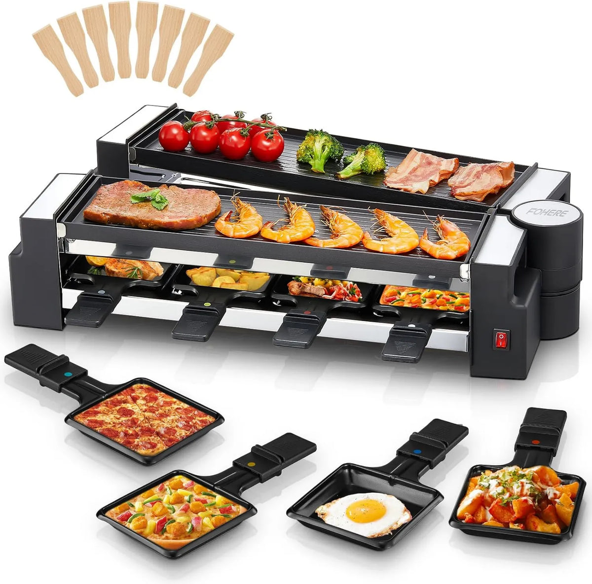 FOHERE Grill raclette, 1400 W, stal nierdzewna, funkcja grilla, powłoka nieprzywierająca, obrotowy raclette dla 8 osób, matowa stal nierdzewna