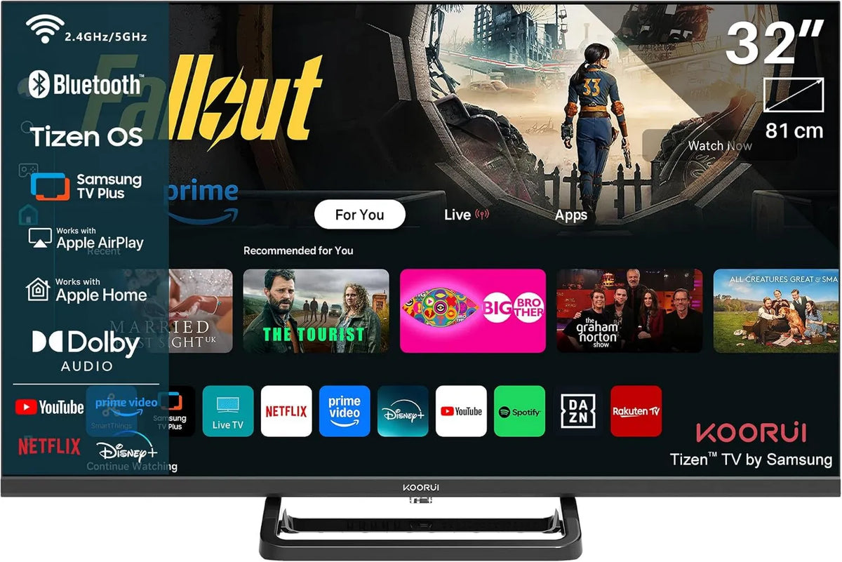 KOORUI, Smart TV, 32 cali, TV, K32Q1H- T8M, Tizen OS, potrójny tuner DVB- T2, S2, WiFi, Bluetooth, App Store, 2026, 80 cm, Telewizor podłączony K32Q1H-T8M DVB-T2